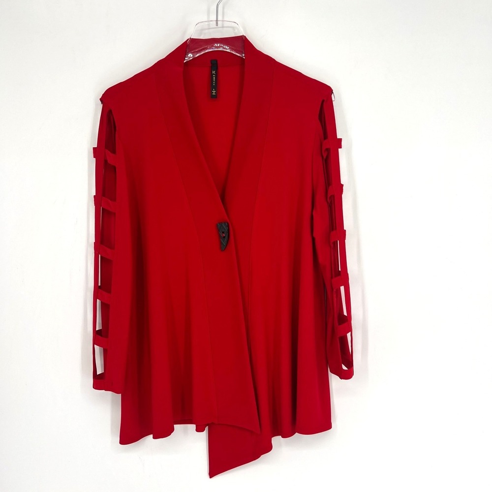 IC by Connie K Jacekt Womens L Red Cardigan Cutout Sexy Stretch Vibrant Party